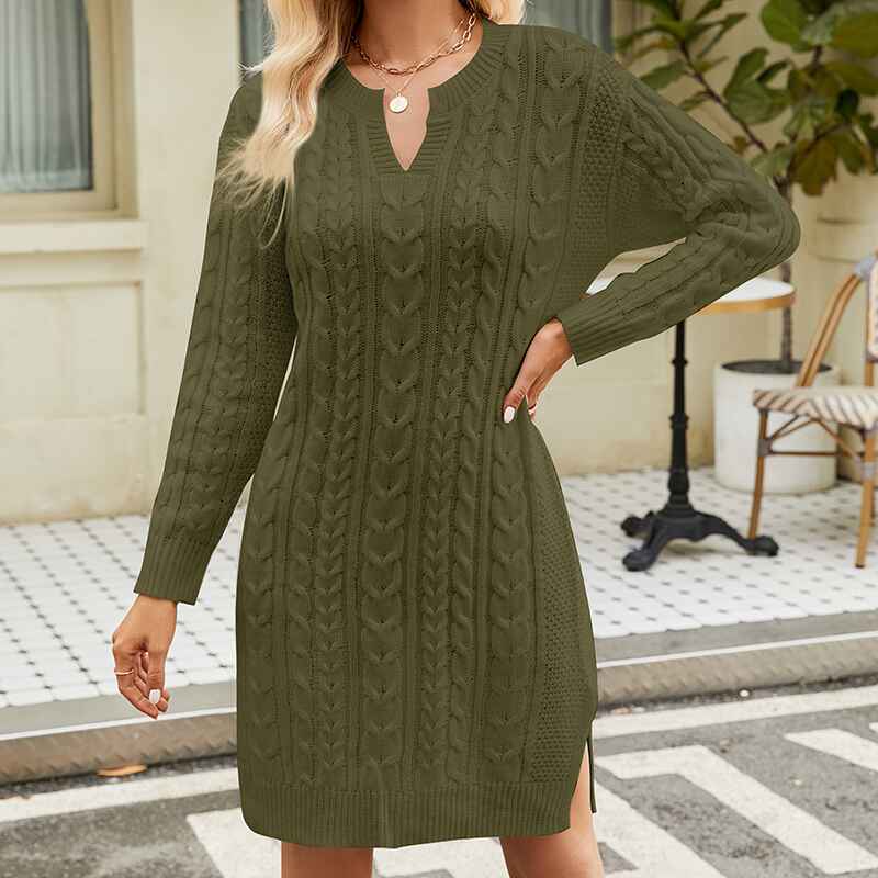 Green-Women-Casual-V-Neck-Knitted-Sweater-Dress-Long-Sleeve-Loose-Solid-Color-Hem-Slit-Sweater-Dresses-K577-Front