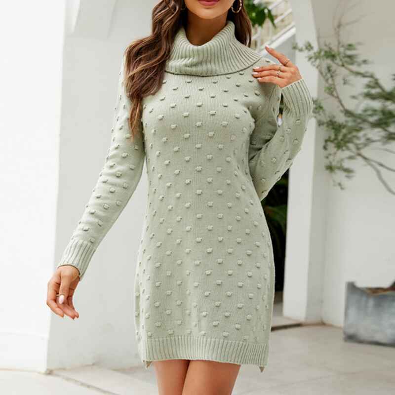 Green-Women-Turtleneck-Long-Sleeve-Knit-Pullover-Sweater-Bodycon-Mini-Dress-K606