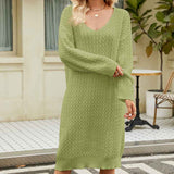Green-Womens-Cable-Knit-Short-V-Neck-Sweater-Dress-Soild-K575