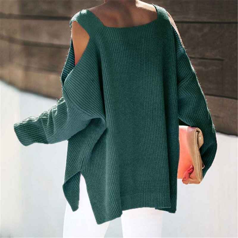 Green-Womens-Cold-Shoulder-Oversized-Sweaters-Batwing-Long-Sleeve-Square-Neck-Chunky-Knit-Fall-Tunic-Sweater-Tops-K622-Back