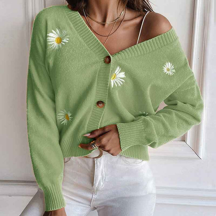 Green-Womens-Long-Sleeve-V-Neck-Button-Up-Chrysanthemum-Embroidered-Cropped-Cardigan-Sweater-Coat-K629