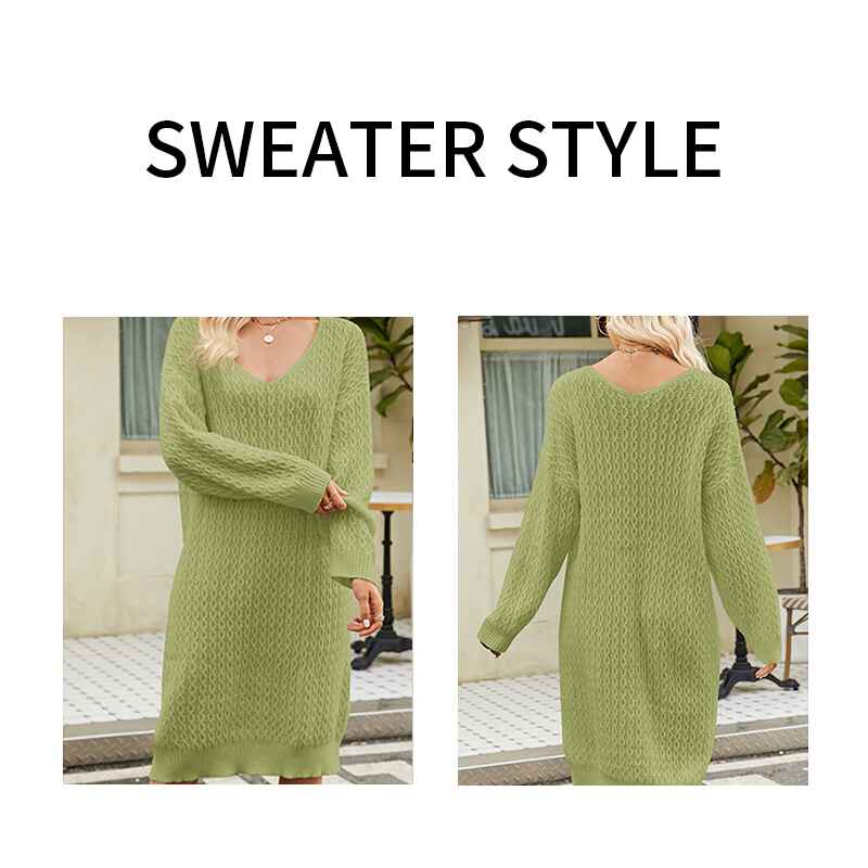 Green-Womens-V-Neck-Elasticity-Slim-Dress-Chunky-Cable-Knit-Pullover-Sweaters-Jumper-K586-Detail