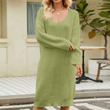 Green-Womens-V-Neck-Elasticity-Slim-Dress-Chunky-Cable-Knit-Pullover-Sweaters-Jumper-K586