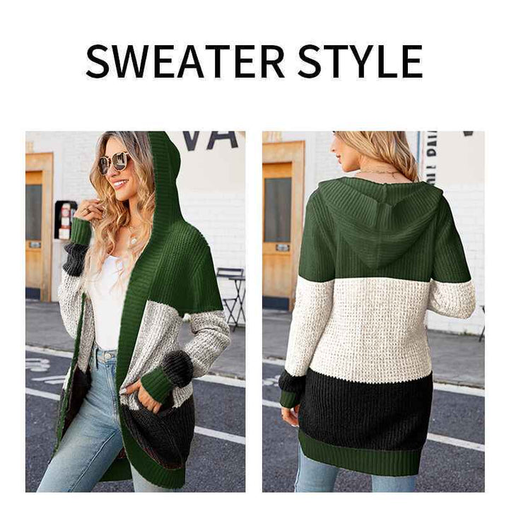 Green-Womens-cardigan-sweater-contrast-color-knitted-sweater-Hooded-jacket-k628-Detail