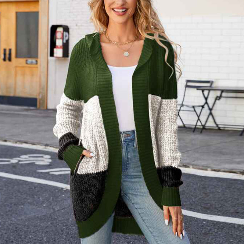 Green-Womens-cardigan-sweater-contrast-color-knitted-sweater-Hooded-jacket-k628
