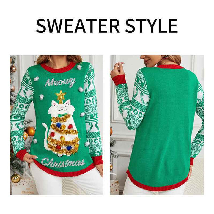 Green-Womens-jacquard-pullover-Christmas-sweater-cartoon-kitten-embroidered-round-neck-sweater-k634-Detail