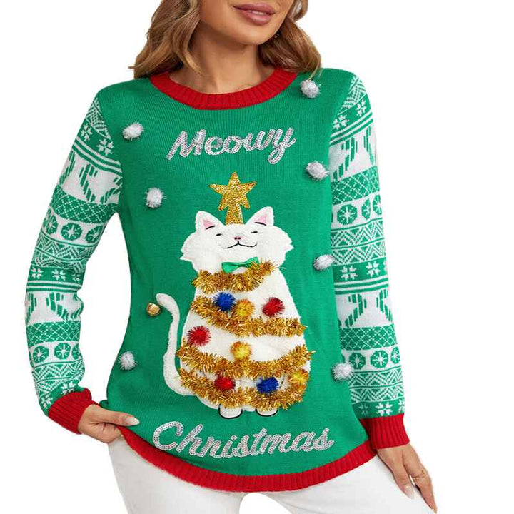 Green-Womens-jacquard-pullover-Christmas-sweater-cartoon-kitten-embroidered-round-neck-sweater-k634-White-Background
