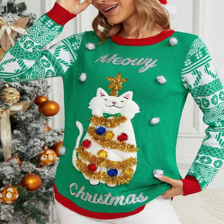 Green-Womens-jacquard-pullover-Christmas-sweater-cartoon-kitten-embroidered-round-neck-sweater-k634