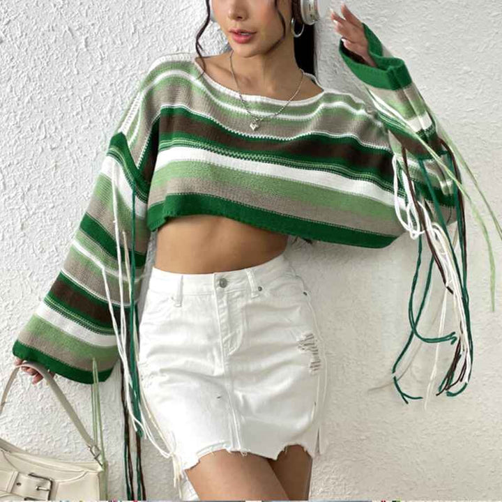 Green-Womens-rainbow-striped-tassel-sweater-ultra-short-navel-baring-loose-sweater-k637