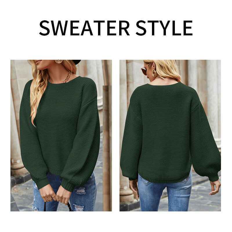 Green-Womens-round-neck-pullover-sweater-classic-solid-color-loose-lazy-style-sweater-k638-Detail