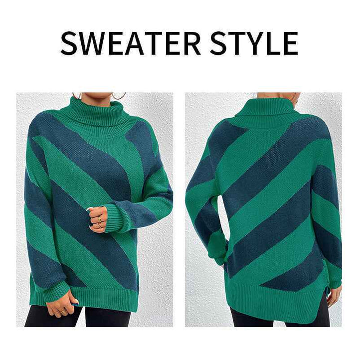 Green-Womens-turtleneck-pullover-diagonal-striped-knitted-bottoming-shirt-k641-Detail