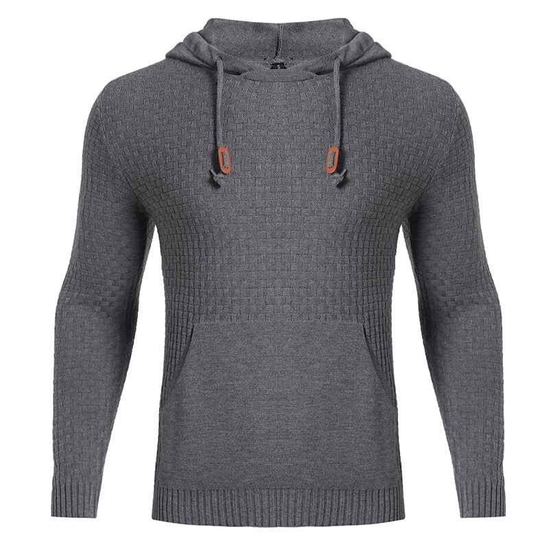 Grey-Mens-Casual-Slightly-Stretch-Cotton-Blend-Drawstring-Pullover-Kangaroo-Pocket-Hooded-Knitted-Sweater-G095-Front