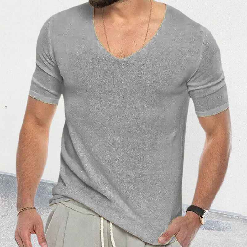 Grey-Mens-Summer-Short-Sleeve-Knitwear-Solid-Color-Slim-Fit-T-Shirt-Top-G087