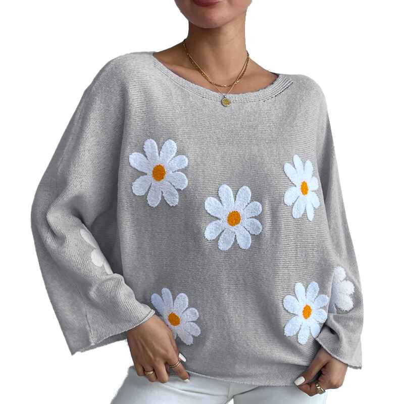 Grey-Womens-round-neck-loose-bat-sleeves-sweater-embroidered-flower-pullover-k632-White-Background
