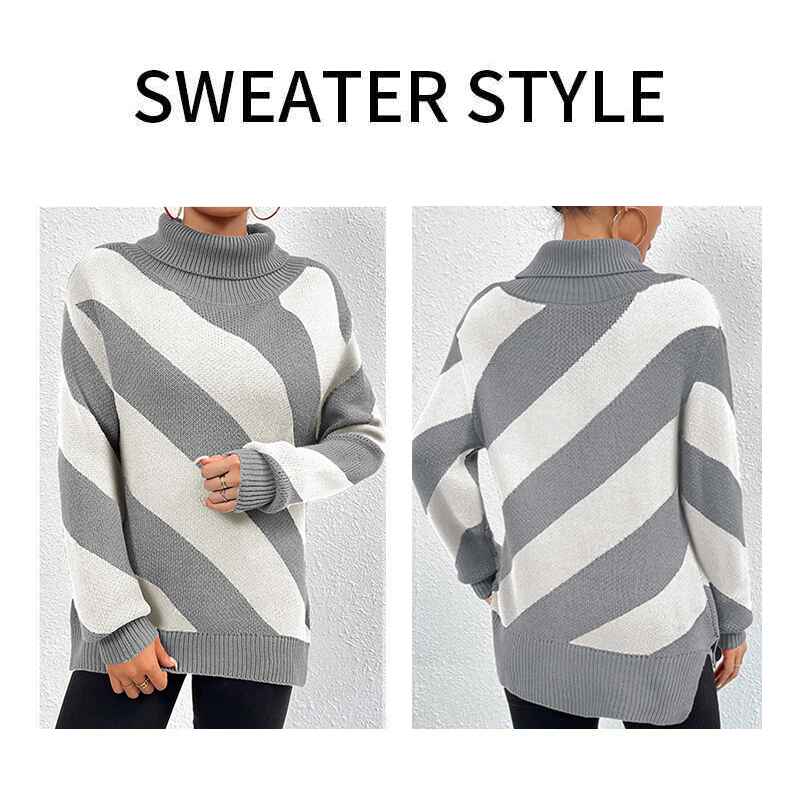 Grey-Womens-turtleneck-pullover-diagonal-striped-knitted-bottoming-shirt-k641-Detail