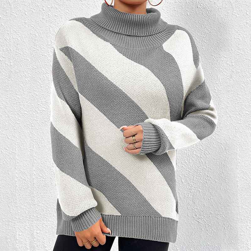 Grey-Womens-turtleneck-pullover-diagonal-striped-knitted-bottoming-shirt-k641