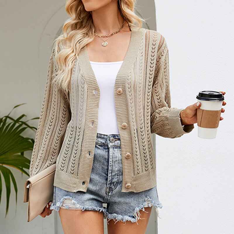 Khaki-Cropped-Cardigan-Sweaters-for-Women-Long-Sleeve-Crochet-Knit-Shrug-Open-Front-V-Neck-Button-up-Tops-K592-Front-2