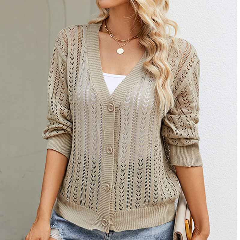 Khaki-Cropped-Cardigan-Sweaters-for-Women-Long-Sleeve-Crochet-Knit-Shrug-Open-Front-V-Neck-Button-up-Tops-K592-Front