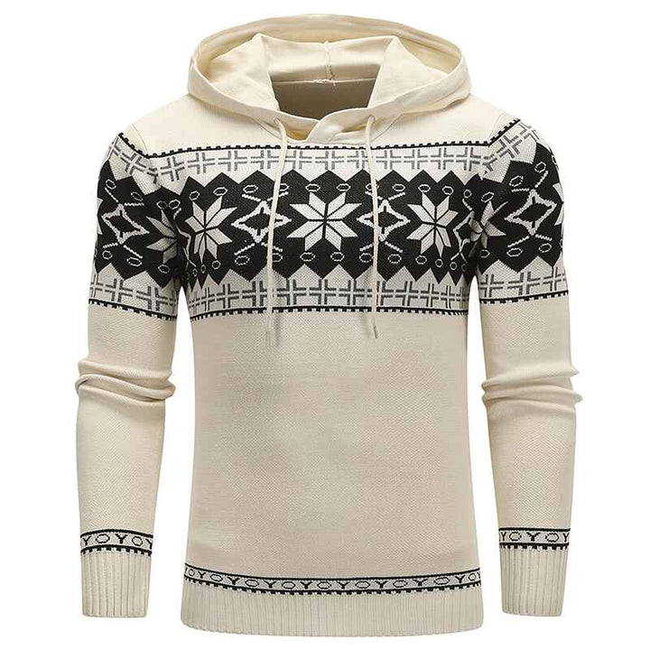 Khaki-Mens-Casual-Hooded-Knitted-Slim-Fit-Long-Sleeves-Drawstrings-Pullovers-Geometric-pattern-Sweaters-G092-Front