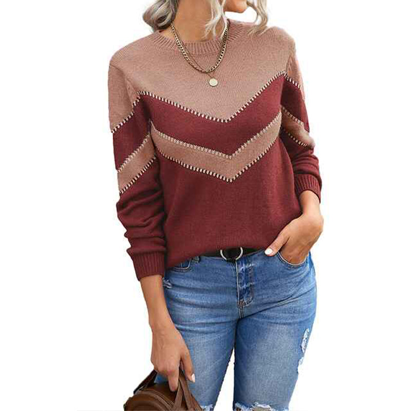 Khaki-Women-Long-Sleeve-Crew-Neck-Pullovers-Stitching-Color-Loose-Knitted-Sweaters-K173