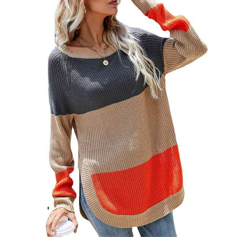 Khaki-Womens-Casual-Color-Block-Knit-Sweater-Crew-Neck-Long-Sleeve-Pullover-Jumper-Tops-K350