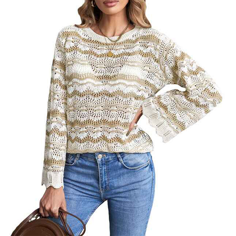 Khaki-Womens-Crochet-Hollow-Out-Crewneck-Long-Sleeve-Knit-Sweaters-Pullover-Jumper-Tops-K156