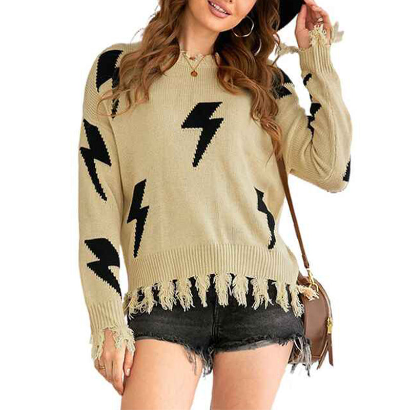 Khaki-Womens-Loose-Long-Sleeve-Crew-Neck-Ripped-Pullover-Knit-Sweater-Crop-Top-K193