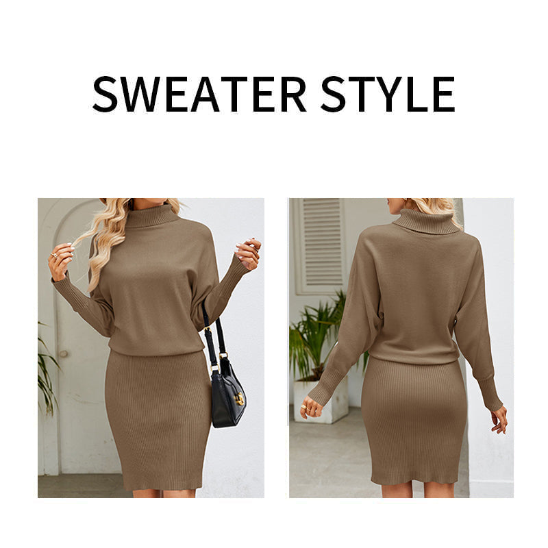 Khaki-Womens-Ribbed-Long-Sleeve-Sweater-Dress-High-Neck-Slim-Fit-Knitted-Midi-Dress-K589-Detail