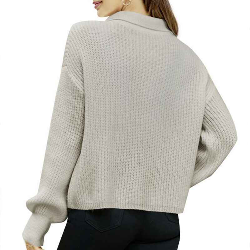 Light-Grey-Womens-Fall-Lapel-Collar-V-Neck-Long-Sleeve-Ribbed-Knit-Comfy-Pullover-Sweater-Jumper-Top-K595-Back