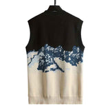 Men's Causal V-neck Knit Sleeveless Cotton Sweater Vest Snow Mountain Pattern Print  Pullover G096