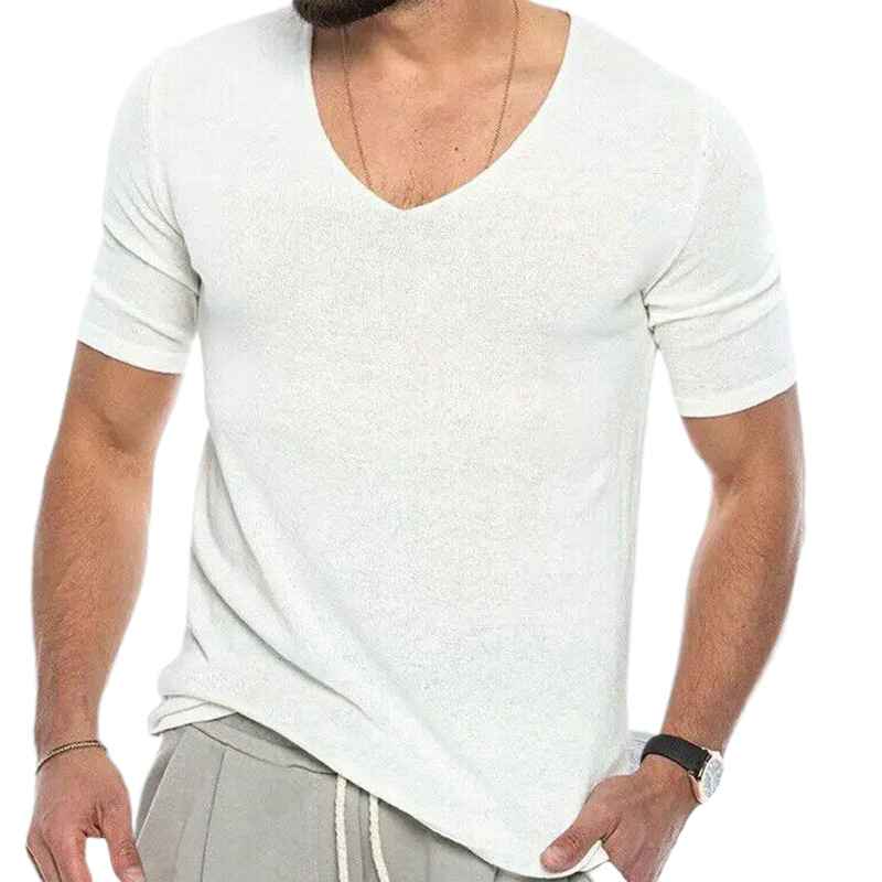 Mens-Summer-Short-Sleeve-Knitwear-Solid-Color-Slim-Fit-T-Shirt-Top-G087