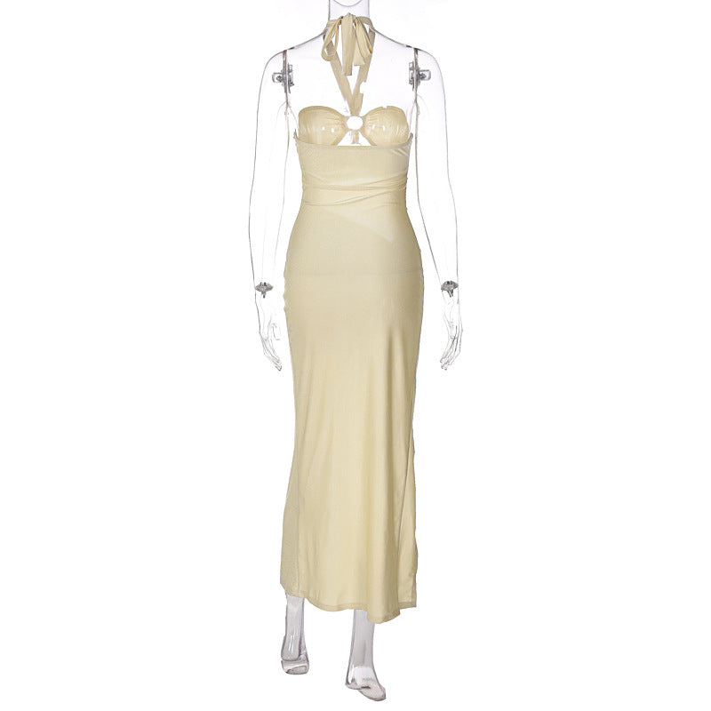 Women Sleeveless Halter Neck Hollow Out Strappy High Slit Dress Trendy Dress