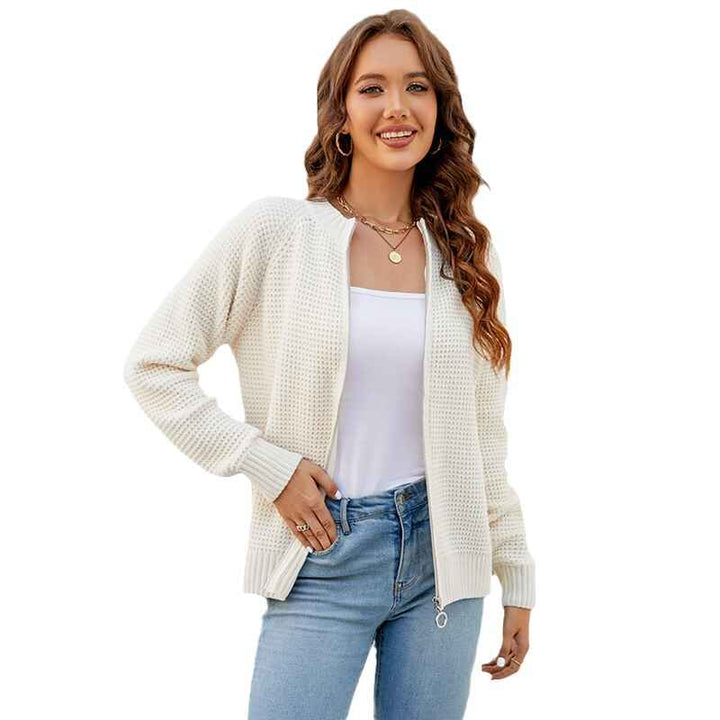 Off-White-Womens-Solid-Zip-Up-Long-Sleeve-Classic-Crew-Neck-Knit-Cardigan-Sweater-K626