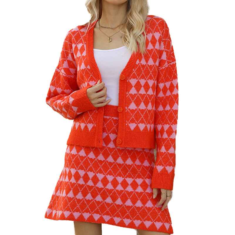 Orange-Red-Womens-Sexy-Low-Neck-Bodycon-Dress-and-Sweater-Cardigan-Ribbed-Knit-2-Piece-Sweater-Set-Outfits-K594-Front