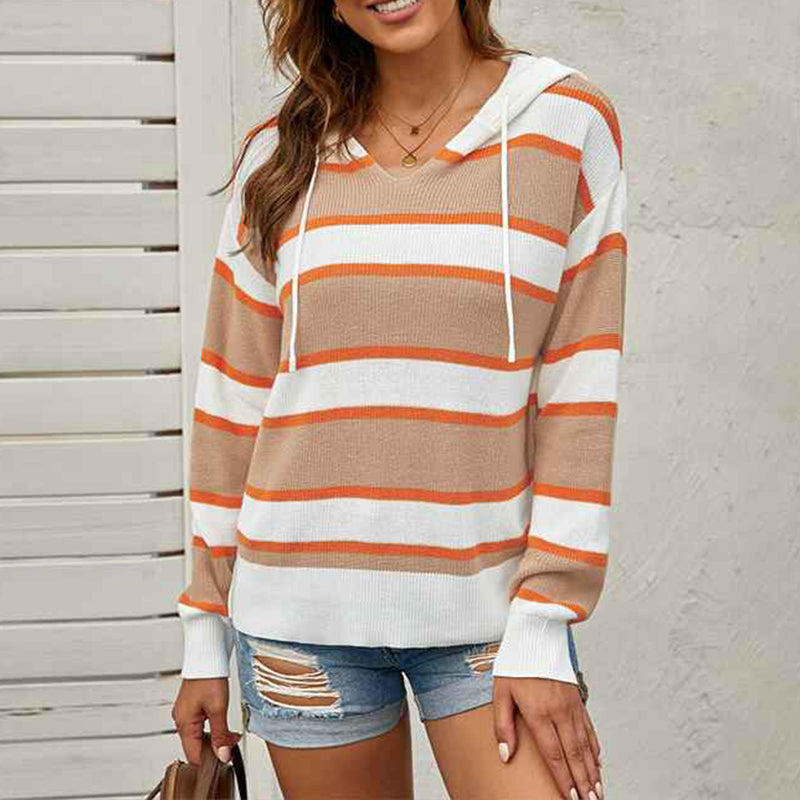 Orange-Womens-Color-Block-Lightweight-Hooded-Sweater-Drawstring-Hoodies-Pullover-Sweatshirts-K179-Front