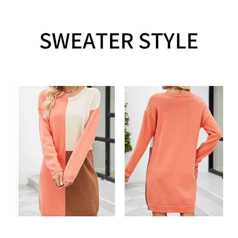 Orange-Womens-Color-Block-Long-Sleeve-Crew-Neck-Short-Bodycon-Sweater-Dress-K600-Detail