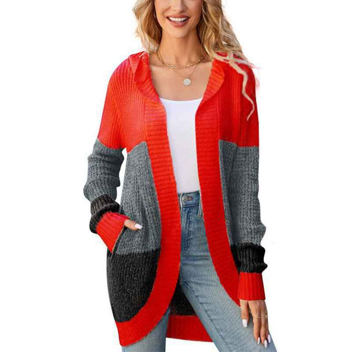 Orange-Womens-cardigan-sweater-contrast-color-knitted-sweater-Hooded-jacket-k628-White-Background