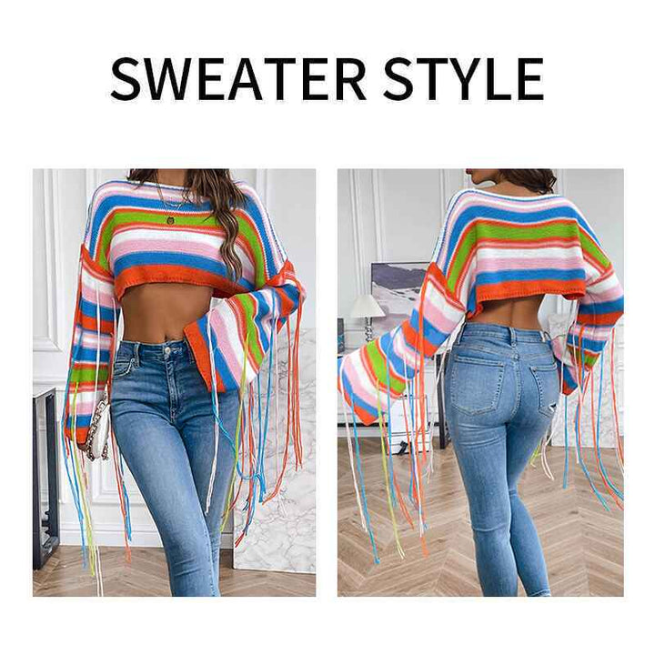 Orange-Womens-rainbow-striped-tassel-sweater-ultra-short-navel-baring-loose-sweater-k637-Detail