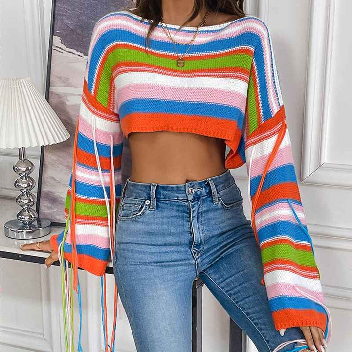 Orange-Womens-rainbow-striped-tassel-sweater-ultra-short-navel-baring-loose-sweater-k637
