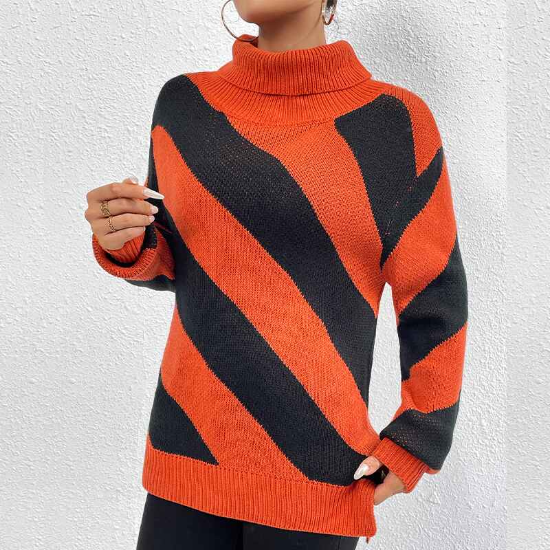 Orange-Womens-turtleneck-pullover-diagonal-striped-knitted-bottoming-shirt-k641-Front