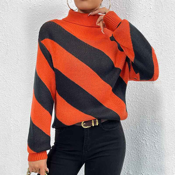 Orange-Womens-turtleneck-pullover-diagonal-striped-knitted-bottoming-shirt-k641