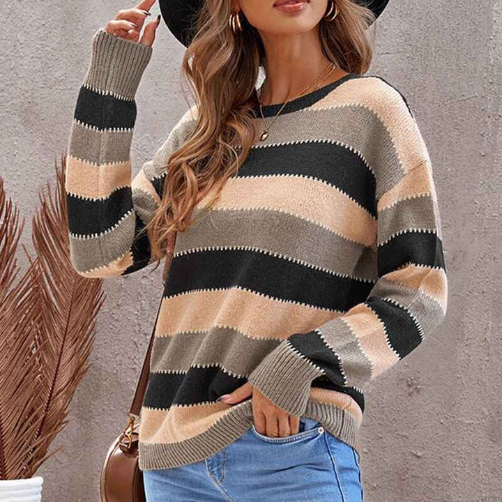 Pink-Color-Block-Sweater-for-Women-Long-Sleeve-Round-Neck-Striped-Stitching-Casual-Loose-Knitted-Pullover-Tops-K176-Front