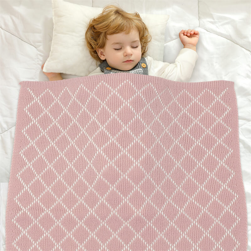Pink-Grid-Knitted-Baby-Receiving-Blanket-Ultra-Soft-Organic-Cotton-Stroller-and-Nap-Time-Toddler-Blanket-A033-Scenes-1