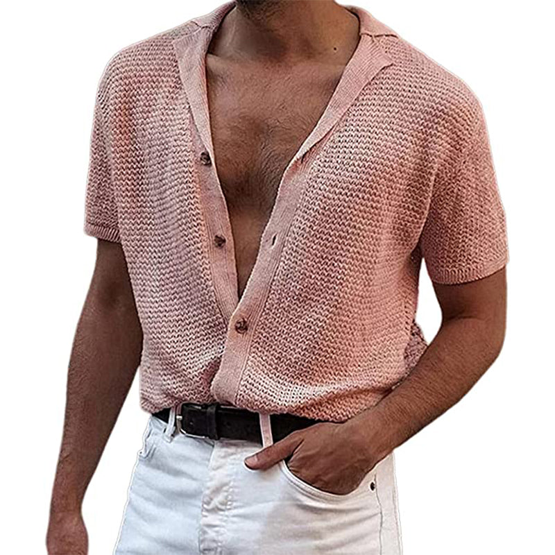 Pink-Mens-short-sleeved-sweater-Summer-thin-loose-POLO-shirt-G086