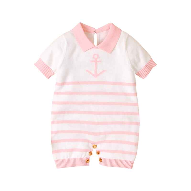 Pink-Newborn-Baby-Boy-Girls-Knitted-Short-Sleeve-Striped-Bodysuit-Lapel-Jumpsuit-Jumpsuit-Set-Short-Sleeve-A019-Front
