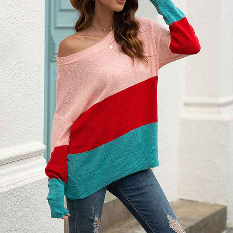 Pink-Womens-Autumn-Winter-Colorblock-Pullover-Sweaters-Round-Neck-Striped-Slim-Fitting-Knitwear-Tops-K285-Side
