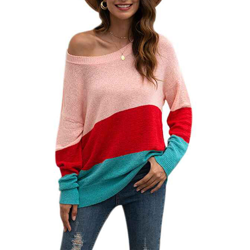 Pink-Womens-Autumn-Winter-Colorblock-Pullover-Sweaters-Round-Neck-Striped-Slim-Fitting-Knitwear-Tops-K285