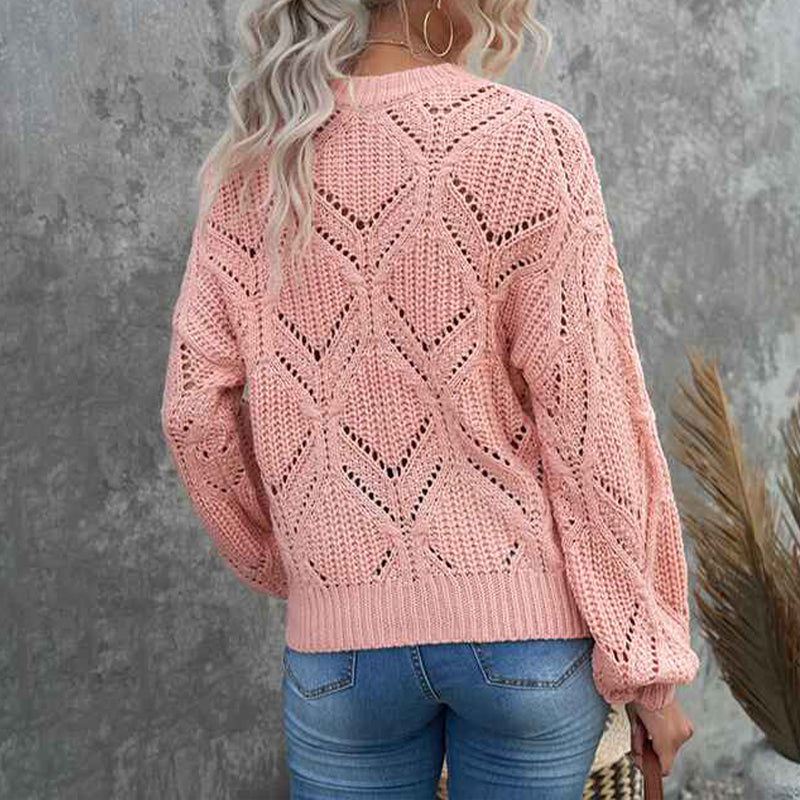 Pink-Womens-Cute-Elegant-Soft-Crewneck-Long-Sleeve-Hollow-Cable-Knit-Pullover-Sweaters-K138-Back