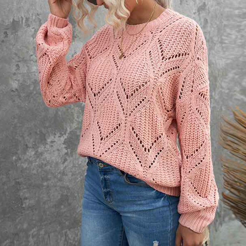 Pink-Womens-Cute-Elegant-Soft-Crewneck-Long-Sleeve-Hollow-Cable-Knit-Pullover-Sweaters-K138-Side