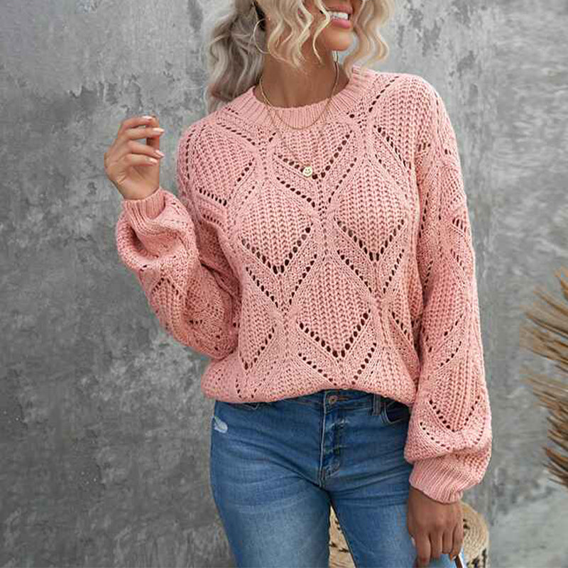 Pink-Womens-Cute-Elegant-Soft-Crewneck-Long-Sleeve-Hollow-Cable-Knit-Pullover-Sweaters-K138